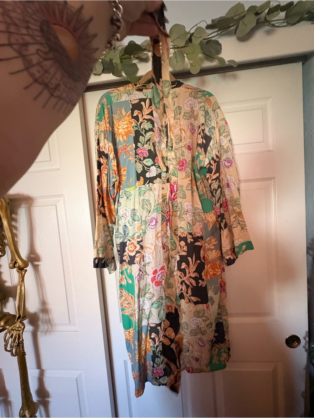 Cost Plus World Market Floral Patchwork Robe in Green, Black, Beige